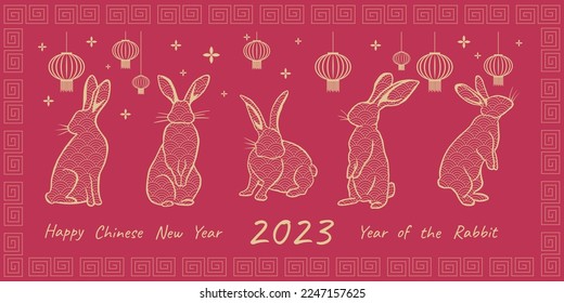 Chinese new year 2023 year of the rabbit. Greeting card with traditional zodiac symbol - rabbits. Outlines golden rabbits with traditional ornament and chinese lanterns on the viva magenta background 