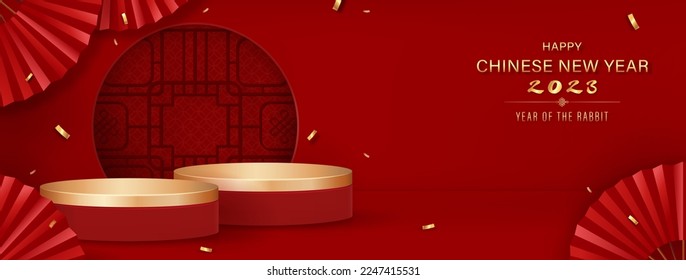 Chinese new year 2023 year of rabbit podiums for products display on red oriental style banner background