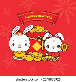 Chinese New Year 2023 Year of the Rabbit with wealth gold coin money.