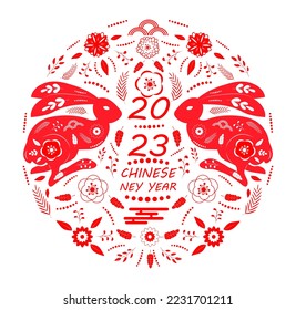 Chinese New Year 2023. Red Christmas bunnies. Symbol of new year according to eastern Asia calendar hare vector for poster, banner, web.