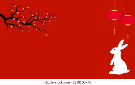 Ilustración vectorial china de Año Nuevo 2023, conejo blanco tinto, floración de arándano rojo colgante y florecimiento de cerezo de durazno, suertudo fondo de estilo oriental con copia en blanco para texto.