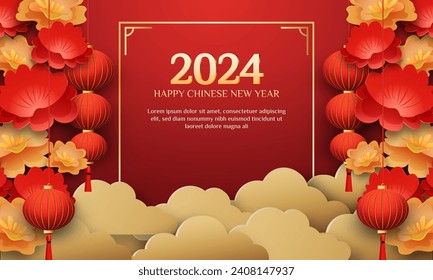 Chinese New Year 2024 3d background with lantern, gate, red and gold flower, cloud for banner, greeting card