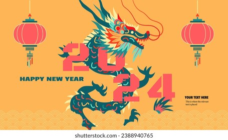 Chinesisches Neujahr 2024 Asiatischer Mondneujahr - Jahr des Drachen: Ein Drache, der aus dem Meer und Laternen austretet. Moderne geometrische dekorative Stil chinesische traditionelle Elemente Vektorgrafik.