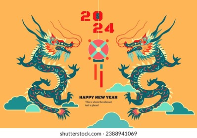 Chinese New Year, 2024 Asian Lunar New Year - Year of the Dragon: Two dragons are chasing and fighting over a giant pearl in the sea of clouds.Modern geometric decorative style illustration.