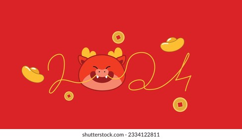 Chinese new year 2024 banner or greeting card. Dragon smiley face with whiskers numbers 2024 shape. Background with luck money symbols, wishing wealth with golden sycee ingot and lucky coins.