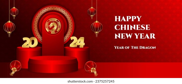 Chinese new year 2024 banner design, shiny red podium, Dragon sign and 3d golden 2024 letter