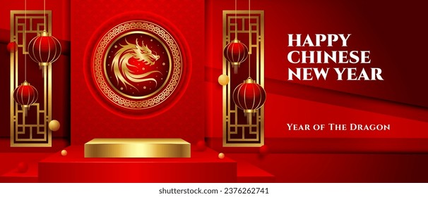 Chinese new year 2024 banner design, with golden podium, Dragon sign and hanging chinese lantern