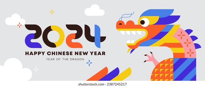 Chinese New Year 2024 banner, Year of the dragon. Chinese zodiac dragon in geometric flat modern style.