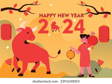 Chinese New Year 2024 banner. China cow zodiac sign with brown color background. Asian festival horizontal poster. Creative typography art cover. Oriental traditional mythical vector serpent