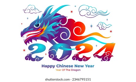 Chinese New Year 2024. Blue dragon with the number 2024 formed from the clouds