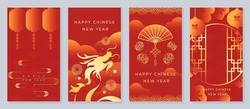 Chinese New Year 2024 Card Background Vector. Year Of The Dragon Design With Golden Dragon, Lantern, Coin, Flower, Fan, Pattern. Elegant Oriental Illustration For Cover, Banner, Website, Calendar.