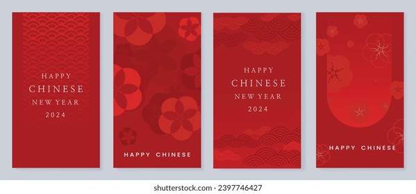 Vector de fondo de tarjeta chino de Año Nuevo 2024. Año del diseño del dragón con nube, viento, flor, patrón. Elegante ilustración oriental para portada, banner, sitio web, calendario.