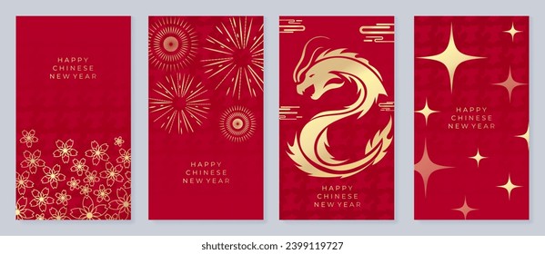 Vector de fondo de tarjeta chino de Año Nuevo 2024. Año del diseño del dragón con dragón dorado, fuegos artificiales, estrella, flor, patrón. Elegante ilustración oriental para portada, banner, sitio web, calendario.