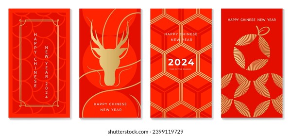 Vector de fondo de tarjeta chino de Año Nuevo 2024. Año del diseño del dragón con dragón dorado, marco, naranja, moneda, patrón. Elegante ilustración oriental para portada, banner, sitio web, calendario.