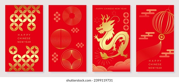 Chinese New Year 2024 card background vector. Year of the dragon design with golden dragon, lantern, flower, firework, pattern. Elegant oriental illustration for cover, banner, website, calendar.