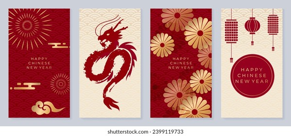 Vector de fondo de tarjeta chino de Año Nuevo 2024. Año del diseño del dragón con dragón rojo, linterna colgante, moneda, flor, patrón. Elegante ilustración oriental para portada, banner, sitio web, calendario.