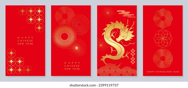 Chinese New Year 2024 card background vector. Year of the dragon design with golden dragon, firework, flower, firework, pattern. Elegant oriental illustration for cover, banner, website, calendar.