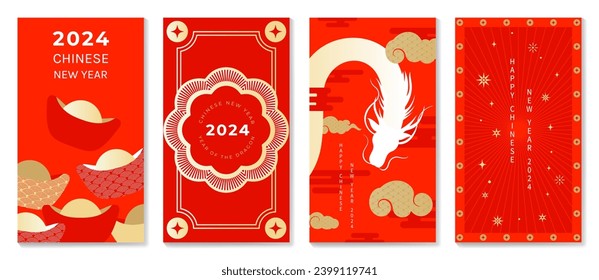 Chinese New Year 2024 card background vector. Year of the dragon design with golden dragon, yuan Bao, cloud, flower, pattern. Elegant oriental illustration for cover, banner, website, calendar.