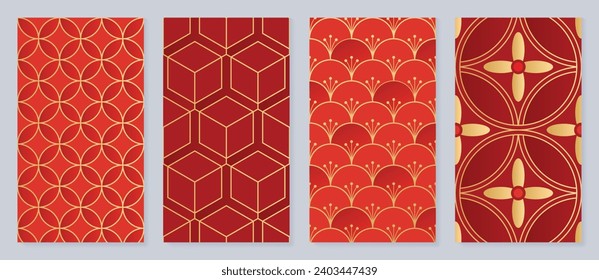 Chinese New Year 2024 card background vector. Year of the dragon design with golden coin, flower, chinese pattern. Elegant oriental illustration for cover, banner, website, calendar, envelope.