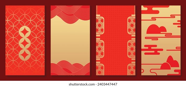 Chinese New Year 2024 card background vector. Year of the dragon design with golden lantern, coin, cloud, pattern. Elegant oriental illustration for cover, banner, website, calendar, envelope.