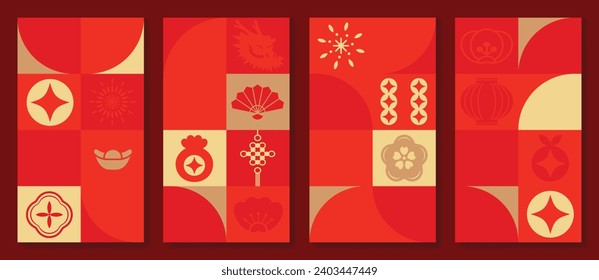 Vector de fondo de tarjeta chino de Año Nuevo 2024. Año del diseño del dragón con moneda de oro, ventilador, fuegos artificiales, dragón. Elegante ilustración oriental para portada, banner, sitio web, calendario, sobre.