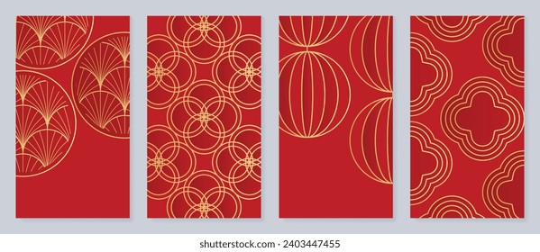 Chinese New Year 2024 card background vector. Year of the dragon design with golden lantern, flower, chinese pattern. Elegant oriental illustration for cover, banner, website, calendar, envelope.