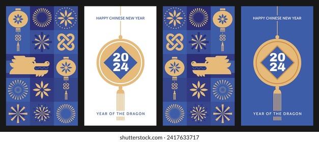 Chinese New Year 2024 card background vector. Year of the Dragon design with dragon, lantern, flower, and fireworks. Elegant oriental illustration for cover, banner, website, and calendar.