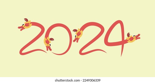 Chinese New Year 2024, the year of the Dragon, red and gold line art characters, simple hand-drawn Asian elements with craft (Chinese translation: Happy Chinese New Year 2024, year of the Dragon).