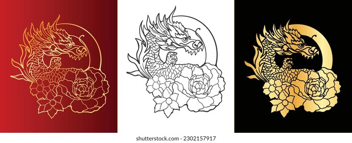 Chinese New Year 2024, the year of the Dragon, red and gold line art characters, simple hand-drawn Asian elements with craft (Chinese translation: Happy Chinese New Year 2024, year of the Dragon).