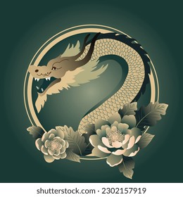 Chinese New Year 2024, the year of the Dragon, red and gold line art characters, simple hand-drawn Asian elements with craft (Chinese translation: Happy Chinese New Year 2024, year of the Dragon).