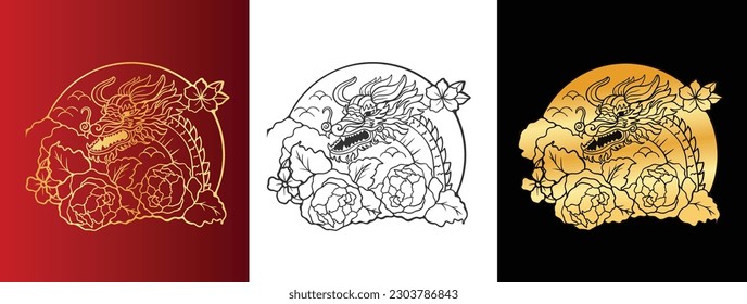 Chinese New Year 2024, the year of the Dragon, red and gold line art characters, simple hand-drawn Asian elements with craft (Chinese translation: Happy Chinese New Year 2024, year of the Dragon).