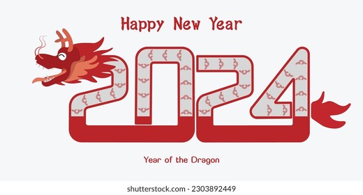 Chinese New Year 2024, the year of the Dragon, red and gold line art characters, simple hand-drawn Asian elements with craft (Chinese translation: Happy Chinese New Year 2024, year of the Dragon).