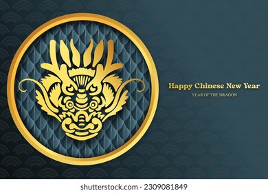 Chinese New Year 2024, the year of the Dragon, red and gold line art characters, simple hand-drawn Asian elements with craft (Chinese translation: Happy Chinese New Year 2024, year of the Dragon).