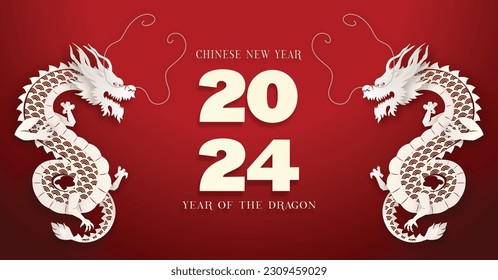 Chinese New Year 2024, the year of the Dragon, red and gold line art characters, simple hand-drawn Asian elements with craft (Chinese translation: Happy Chinese New Year 2024, year of the Dragon).