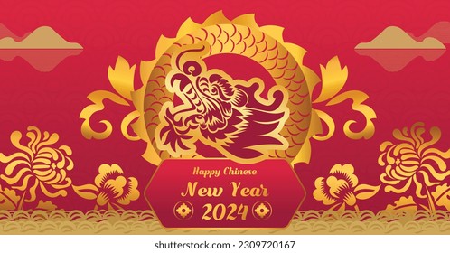 Chinese New Year 2024, the year of the Dragon, red and gold line art characters, simple hand-drawn Asian elements with craft (Chinese translation: Happy Chinese New Year 2024, year of the Dragon).