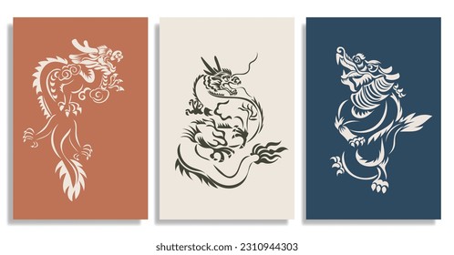 Chinese New Year 2024, the year of the Dragon, red and gold line art characters, simple hand-drawn Asian elements with craft (Chinese translation: Happy Chinese New Year 2024, year of the Dragon)