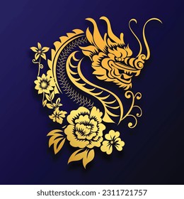 Chinese New Year 2024, the year of the Dragon, red and gold line art characters, simple hand-drawn Asian elements with craft (Chinese translation: Happy Chinese New Year 2024, year of the Dragon)