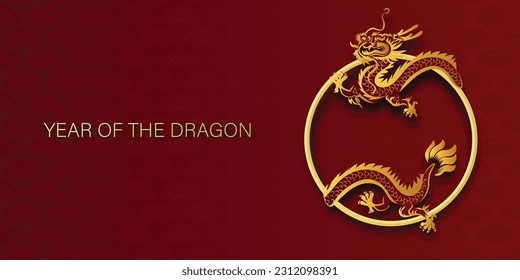 Chinese New Year 2024, the year of the Dragon, red and gold line art characters, simple hand-drawn Asian elements with craft (Chinese translation: Happy Chinese New Year 2024, year of the Dragon)
