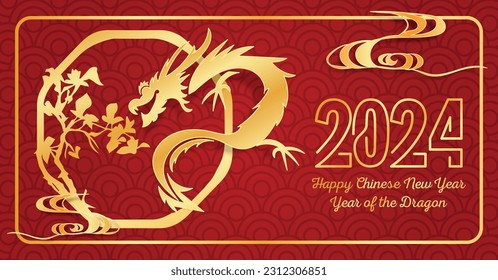 Chinese New Year 2024, the year of the Dragon, red and gold line art characters, simple hand-drawn Asian elements with craft (Chinese translation: Happy Chinese New Year 2024, year of the Dragon)