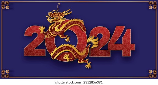 Chinese New Year 2024, the year of the Dragon, red and gold line art characters, simple hand-drawn Asian elements with craft (Chinese translation: Happy Chinese New Year 2024, year of the Dragon)