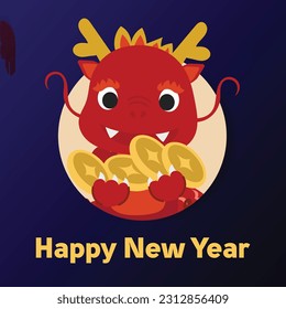 Chinese New Year 2024, the year of the Dragon, red and gold line art characters, simple hand-drawn Asian elements with craft (Chinese translation: Happy Chinese New Year 2024, year of the Dragon)