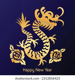Chinese New Year 2024, the year of the Dragon, red and gold line art characters, simple hand-drawn Asian elements with craft (Chinese translation: Happy Chinese New Year 2024, year of the Dragon)