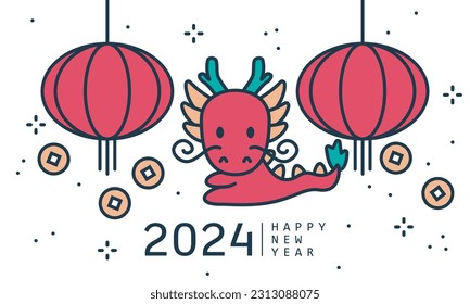 Chinese new year. 2024 New year. Dragon horoscope sign. 2024 design. New year symbol. 2024 calendar. Chinese horoscope dragon with 2024. Flat minimalism vector illustration. Dragon horoscope sign