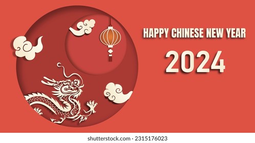 Chinese New Year 2024, the year of the Dragon, red and gold line art characters, simple hand-drawn Asian elements with craft (Chinese translation: Happy Chinese New Year 2024, year of the Dragon)