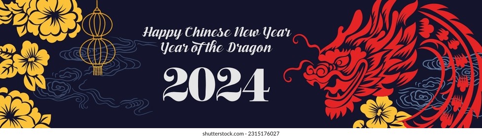 Chinese New Year 2024, the year of the Dragon, red and gold line art characters, simple hand-drawn Asian elements with craft (Chinese translation: Happy Chinese New Year 2024, year of the Dragon)