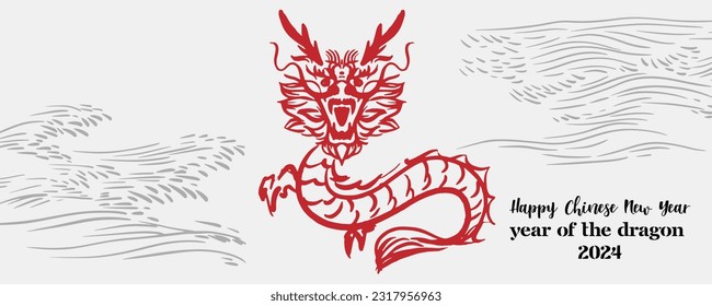 Chinese New Year 2024, the year of the Dragon, red and gold line art characters, simple hand-drawn Asian elements with craft (Chinese translation: Happy Chinese New Year 2024, year of the Dragon)