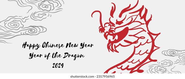 Chinese New Year 2024, the year of the Dragon, red and gold line art characters, simple hand-drawn Asian elements with craft (Chinese translation: Happy Chinese New Year 2024, year of the Dragon)
