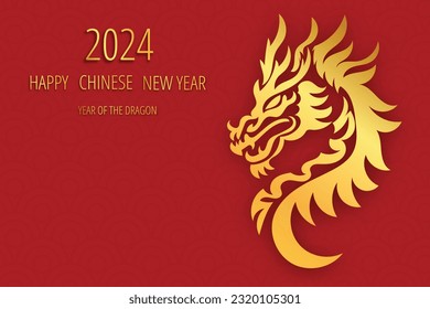 Chinese New Year 2024, the year of the Dragon, red and gold line art characters, simple hand-drawn Asian elements with craft (Chinese translation: Happy Chinese New Year 2024, year of the Dragon)