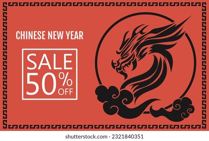 Chinese New Year 2024, the year of the Dragon, red and gold line art characters, simple hand-drawn Asian elements with craft (Chinese translation: Happy Chinese New Year 2024, year of the Dragon)