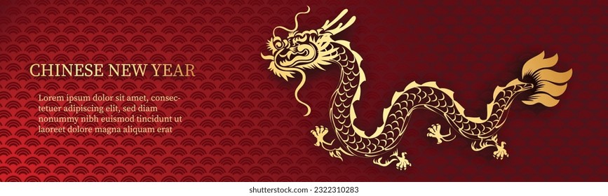 Chinese New Year 2024, the year of the Dragon, red and gold line art characters, simple hand-drawn Asian elements with craft (Chinese translation: Happy Chinese New Year 2024, year of the Dragon)